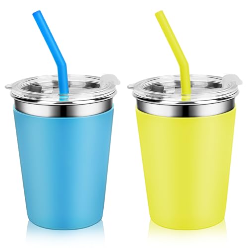 Yummy Sam 12 OZ Stainless Steel Kids Cups for Cold Hot Drink, Yellow Blue | Spill Proof Unbreakable Toddler Smoothie Cups, Water Drinking Tumblers for Children Adult School Outdoor Home Use - color: Yellow Blue