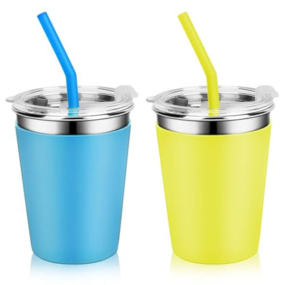Yummy Sam 12 OZ Stainless Steel Kids Cups for Cold Hot Drink, Yellow Blue | Spill Proof Unbreakable Toddler Smoothie Cups, Water Drinking Tumblers for Children Adult School Outdoor Home Use - color: Yellow Blue