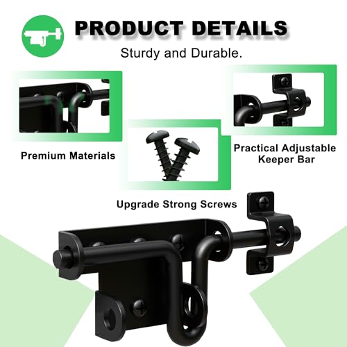 Heavy Duty Slide Bolt Gate Latch for Wooden Fence, 2 Way Barn Door Latch with Padlock Hole, Offset and Flush Mounted Gate Latch for Outdoor Gates/Yard Fence/Shed Door, Black, 1 Pack