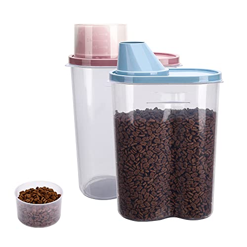 2 Pack 2lb/2.5L Pet Food Storage Container with Measuring Cup, Can Covers and Bowl for Small Dog, Cat, Waterproof-BPA Free (Blue and Pink) - color: Blue and Pink 2.5L