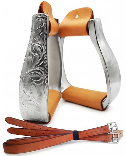 5" Western Horse Riding Stirrups Hand Carved Lightweight Aluminum Stirrups with Saddle Belt,Genuine Leather wrapping-MP1134