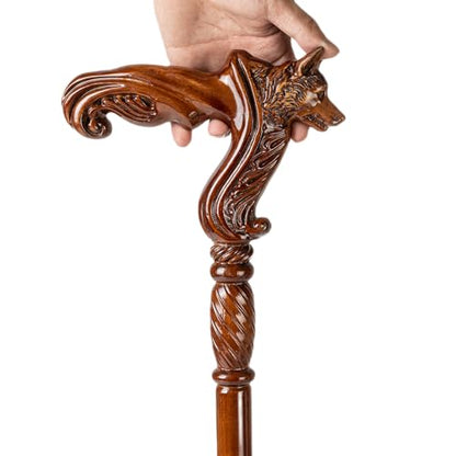 Hand Carved Wooden Walking Cane with Ergonomic Handle and Rubber Tip for Men and Women - Fashionable Unique Walking Stick for Seniors - 37 inch - style: Wolf