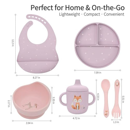 Little Rawr Baby Led Weaning Bundle, 100% Silicone Baby Feeding Set Includes Divided Plate, Suction Bowl, Straw Cup, Bib, Spoon & Fork, Develops Self Feeding Skills, Dishwasher Safe (Purple) - color: Pink