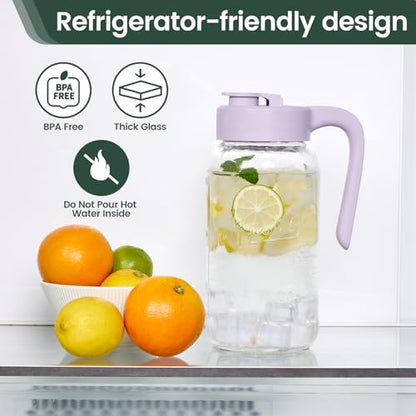 Mason Jar Pitcher, 64 oz (2 quart), Glass Pitcher with Lid | Airtight, Leak proof, Ergonomic Handle, Pour Spout Lid, Fridge Safe, for Sun Tea, Iced Tea, Cold Brew, Lemonade, Outside - color: Purple