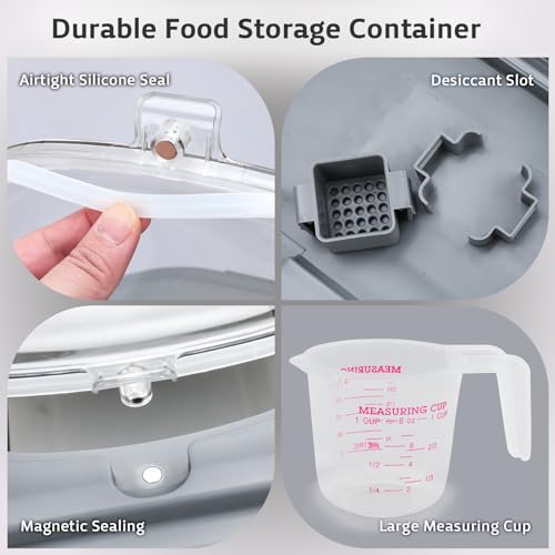 Komzon Rice Storage Containers, Collapsible 20 to 30Lbs Food Storage Bin Dispenser with Rolling Wheel and Clear Airtight Lid, BPA Free Flour, Sugar, Cereal and Dog Cat Pet food Containers - color: White