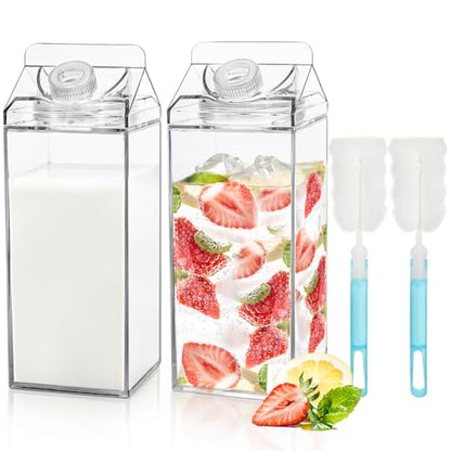 Bekith 2 Pack 64 Oz Large Milk Carton Water Bottle, Clear Plastic Milk Bottle with Cleaning Brush, Portable Leakproof Square Juice Bottle Reusable Milk Container for Outdoor Sports Travel Camping