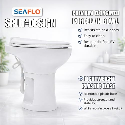 SEAFLO Porcelain RV Toilet with Sprayer Attachment - Elongated Bowl 19” Inch Residential Height, Gravity Flush, Foot Pedal Soft Close Seat Camper Motorhome Easy Install 4 -year Warranty SFRTCH-02-02 - color: White (Ceramic Bowl with Sprayer)