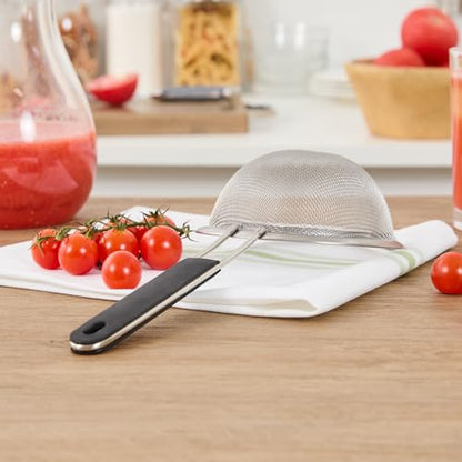 Restaurantware Fine Mesh Strainer 1 Count 12.6" x 5.5" x 2.3" with Silicone Handle Stainless Steel Extra Fine Mesh Strainer Heat-Resistant Handle Dishwasher-Safe for Rice, Quinoa, Pasta - size: Standard, Extra Fine Mesh-5 1/2"