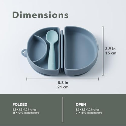 Miniware Fold & Scoop Baby Feeding Set - Silicone Travel Baby Plate With Suction & Baby Spoon - Compact, Portable, Dishwasher-Safe, Suction Base for Mess-Free Eating (Aquamarine and Aqua) - color: Aquamarine & Aqua