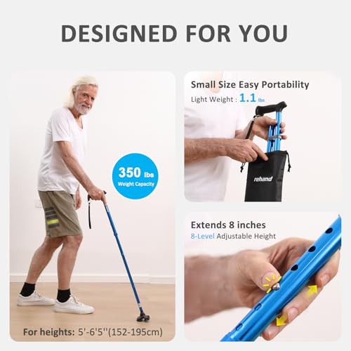 REHAND Walking Cane for Men & Women - Foldable, Adjustable, Lightweight, Self Standing Pivot Walking Cane, Soft Handle Grip, with Travel Bag, Walking Sticks for Seniors & Adults - color: Black