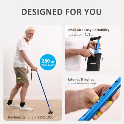 REHAND Walking Cane for Men & Women - Foldable, Adjustable, Lightweight, Self Standing Pivot Walking Cane, Soft Handle Grip, with Travel Bag, Walking Sticks for Seniors & Adults - color: Black