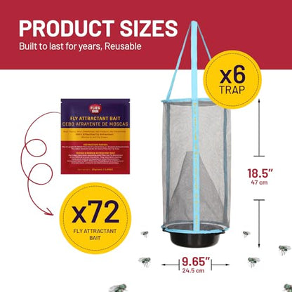 1 Flies Inn LITE Fly Cage Ranch Fly Trap with 2 Flies Inn Fly Bait Refill, Low Odor, Reusable, Built to Last for Years (6 Traps + 72 Baits, 1) - style: 6 Traps + 72 Baits