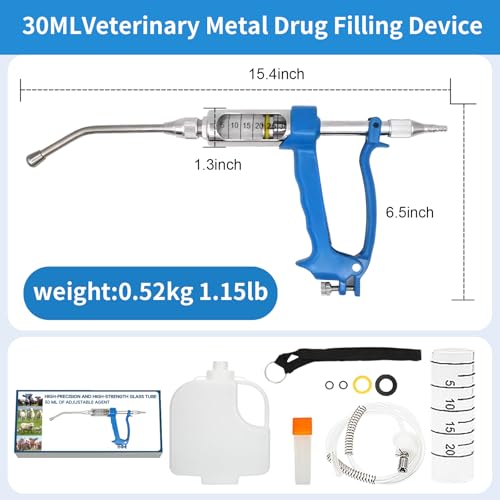 Adjustable Veterinary Metal Feeding Gun: Large Goat Drench Gun - Anti-Bite Metal Head Livestock Self-Feeding Tool - with Bucket for Pigs, Cattle, Sheep, Horses