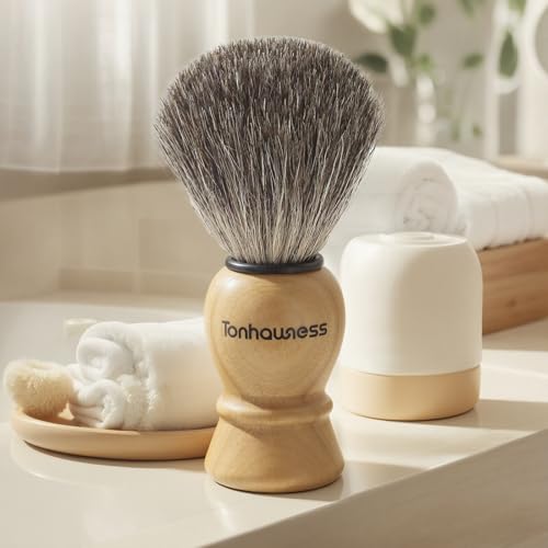 Shaving Brush Kit for Men, 4 in 1 Shaving Brush Set Includes Pure Badger Shaving Brush, Shaving Soap and Stainless Steel Shaving Bowl & Stand for Men’s Barber Shave Gift - color: Wood-A
