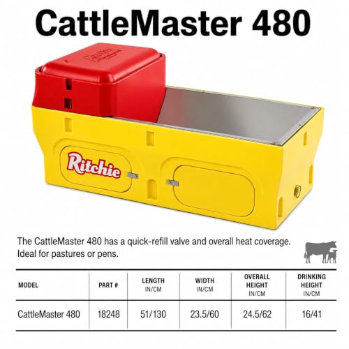 Ritchie CattleMaster 480 Heated Automatic Livestock Waterer, 20-Gallon Capacity, Fully Insulated, Stainless Steel Trough, Thermostatically Heated, Waters Up to 180 Beef or 90 Dairy Cattle #18248