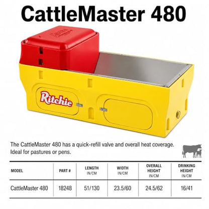 Ritchie CattleMaster 480 Heated Automatic Livestock Waterer, 20-Gallon Capacity, Fully Insulated, Stainless Steel Trough, Thermostatically Heated, Waters Up to 180 Beef or 90 Dairy Cattle #18248