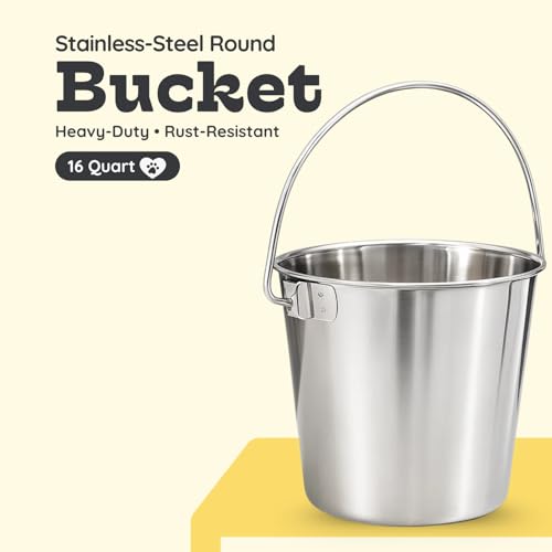 16 quart Heavy Duty Stainless Steel Round Bucket with Handle | 4 gal Sturdy Food & Water Bowl for XL Dog Goat sheep Horse & Livestock | Fits kennel Crate Cages Farm | Hanging Utility Pail - size: 16 Quarts