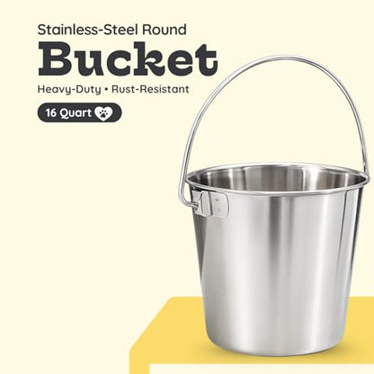 16 quart Heavy Duty Stainless Steel Round Bucket with Handle | 4 gal Sturdy Food & Water Bowl for XL Dog Goat sheep Horse & Livestock | Fits kennel Crate Cages Farm | Hanging Utility Pail - size: 16 Quarts