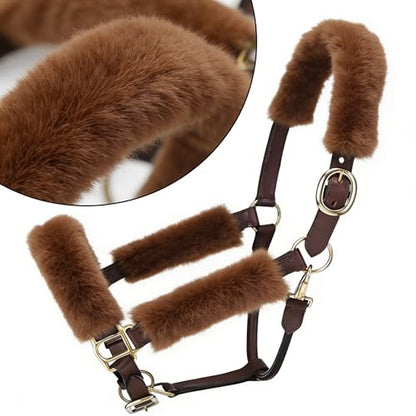 Genuine Wool Horse Halter Cover, 4 PCS Merino Sheepskin Horse Halter Set - color: Brown