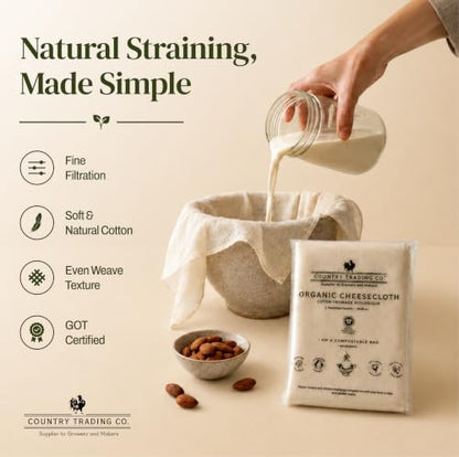 Country Trading Co. Organic Cheesecloth, Grade 120 Extra-Fine Weave, 2 Hemmed Squares, GOTS Certified Unbleached Cotton, Reusable Straining Cloth for Cheese, Nut Milk, Yogurt & Kombucha - size: 2.8 sq ft (2pcs)