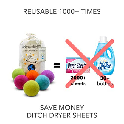 Friendsheep Wool Dryer Balls, Organic Reusable Fabric Softener Alternative for Laundry, Handmade, Fair Trade, Hypoallergenic, Eco-Friendly, Plastic-Free (6 Pack XL - Rainbow Blast) | Reusable fabric softener alternative Organic wool, handmade, fair trade,