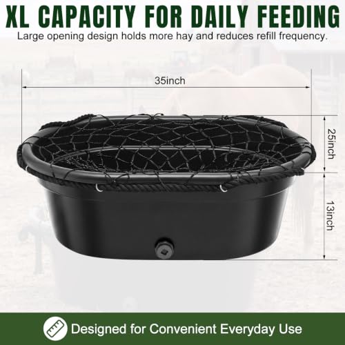 BreezeHug 30 Gallon Rubber Slow Hay Horse Feeder,Heavy Duty Hay Pan Net Set | Save Hay,Extra Large Feed Bucket with 8 Snaps, Horse Feeder with Drain Hole for Goat Farm Livestock Poultry,Reduce Waste