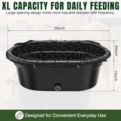 BreezeHug 30 Gallon Rubber Slow Hay Horse Feeder,Heavy Duty Hay Pan Net Set | Save Hay,Extra Large Feed Bucket with 8 Snaps, Horse Feeder with Drain Hole for Goat Farm Livestock Poultry,Reduce Waste
