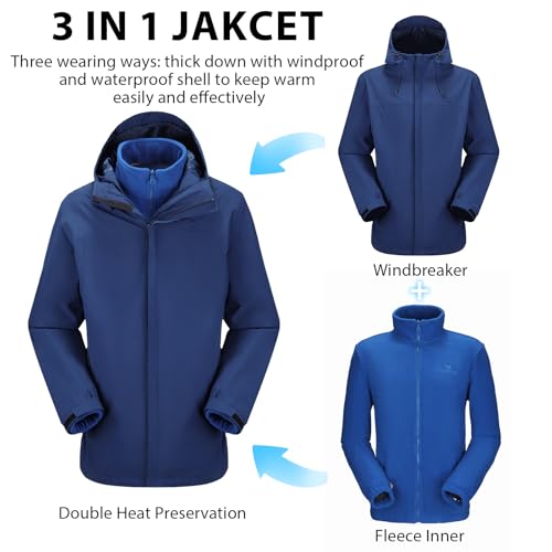 CAMEL CROWN Men's Ski Jacket 3 in 1 Waterproof Winter Jacket Snow Jacket Windproof Hooded with Inner Warm Fleece Coat - color: Blue B612, size: Large