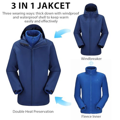 CAMEL CROWN Men's Ski Jacket 3 in 1 Waterproof Winter Jacket Snow Jacket Windproof Hooded with Inner Warm Fleece Coat - color: Blue B612, size: Medium