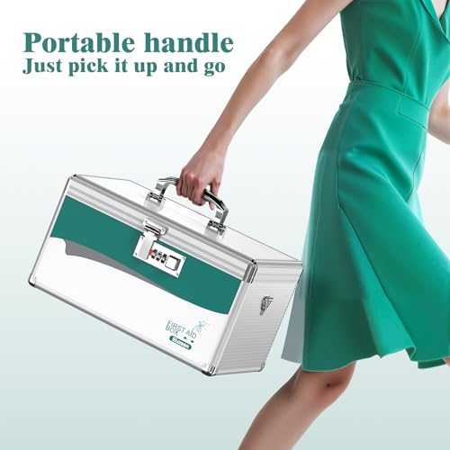 Glosen Medicine Lock Box with Code, 2-Layer Aluminum Alloy Medicine Organizer Box with Removable Tray, Portable Medication Lock Box with Shoulder Strap for Home Safety, Travel & Office (14x8.5x7.5In) - size: Large-14in