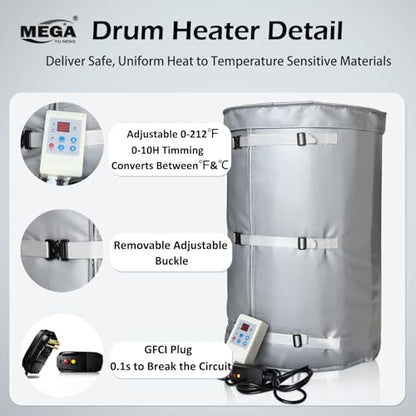 Metal Drum Heater,Industrial Grade/Weather Resistant Drum Heating Blanket,30 Gallon Bucket Heater Fixed Thermostat 212℉,Insulated Bucket Warmer with 10-Hour Timer - size: 30Gal