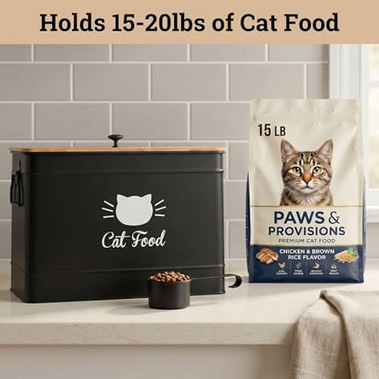 Metal Cat Food Container with Scoop, 15lb (50 Cup) w/ Airtight Bamboo Lid - color: Black