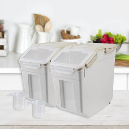 2 Pack 50 lb Airtight Flour Storage Containers with Wheels, Gray | Large Rice Bin with Wheels, Seal Locking Lid, BPA-Free, Includes Measuring Cup & Scoop, Kitchen Organization - color: Gray