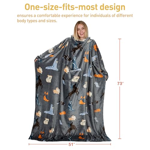 Catalonia Wearable Blanket with Sleeves for Women & Men, Fleece Wrap Throw - color: Gray Dog