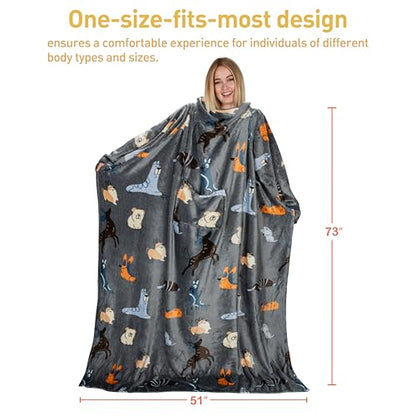 Catalonia Wearable Blanket with Sleeves for Women & Men, Fleece Wrap Throw - color: Gray Dog