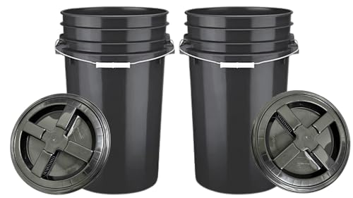 House Naturals 7 Gallon Large Black Food Grade - BPA Free- Made in USA Bucket Pail with Screw on Gasket lid (Pack of 2)