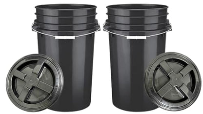 House Naturals 7 Gallon Large Black Food Grade - BPA Free- Made in USA Bucket Pail with Screw on Gasket lid (Pack of 2)