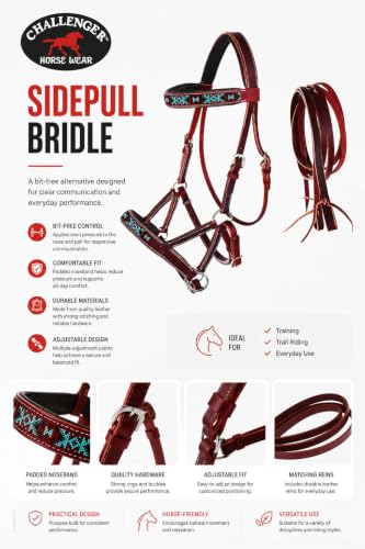 English Western Horse Leather Bitless Sidepull Bridle w/ Split Reins 77RS12 - color: Mahogany/Beaded