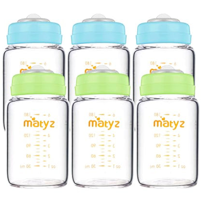 Matyz Glass Breastmilk Storage Bottles, 6 Pack, 6 oz, Sturdy Glass Bottle for Milk Freezing and Baby Feeding - Pumping Bottle for Philips Medela Spectra Breast Pumps - No BPA (3 Green & 3 Blue Lids) - color: [Pack of 6] 3 Green & 3 Blue Lids - 6 Ounce Cle