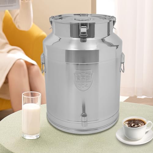 304 Stainless Steel Milk Can with Spigot, 17 Gallon Milk Jug, Portable Locking Sealed Lid Bucket Wine Pail with Handles, Commercial Water Jug Pot Drink Beverage Dispenser - size: 17Gal, w/Spigot