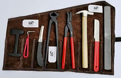 Professional Heavy Duty Horse Farrier Tools Kit Hoof Nipper Clincher Rasp Hammer Knife Forge Nail Grooming Kit with Leather Roll Up Wallet