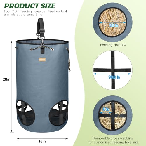 Hay Bags for Horses,4 Holes Slow Feeder Hay Bags for Goats,Sheep,Donkeys,Large Capacity Hay Feeder with Adjustable Top Opening for Easy Filling(Grey)