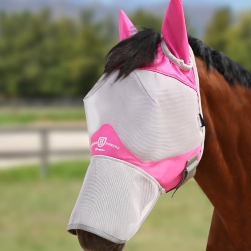 Harrison Howard Full Face Horse Fly Mask UV Protection and Breathable for Equine Use Comfortable Magenta-Grey L - color: Magenta-Grey, size: Large (Horse)