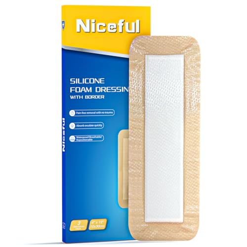 Niceful Ultra Soft Silicone Foam Dressing 4"x12", 3 PCS, for Knee Surgery | Extra Long Ultra-Soft Silicone, Knee/Shoulder/Elbow Joints, 15X Absorbency, Post Knee Replacement, Waterproof Flexible - size: Ultra Soft 4"x12"(3PCS)