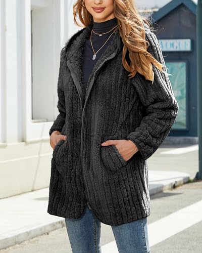 Vipwest Womens Fleece Jacket Hooded Winter Warm Full Zip Long Sleeve Sherpa Jacket Coat Outerwear with Hood (S-5XL) - color: Black Grey, size: Medium