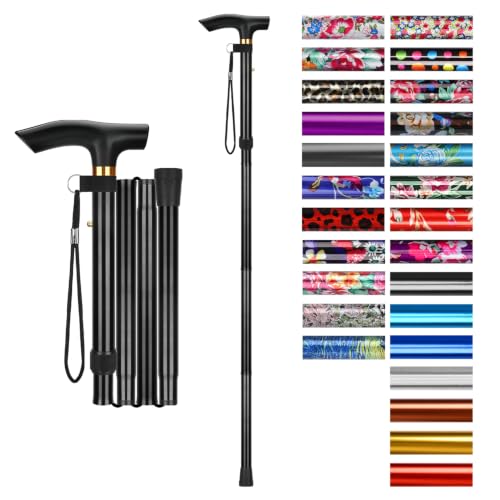 supregear Folding Cane, 5-Level Adjustable Height Walking Stick Lightweight Collapsible Portable Travel Cane with Wrist Strap and T Handle for Elderly Disabled Men Women - color: Black