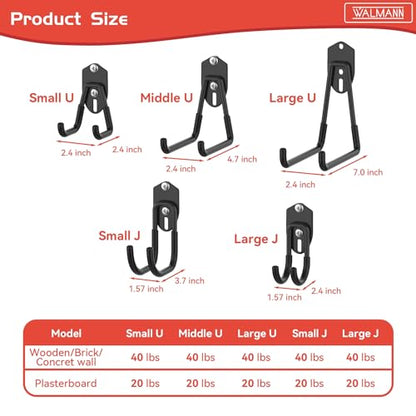 WALMANN Garage Storage Hooks, Wall Mount Utility Hooks for Tools, Black | Wall hooks for Ladders, Cords, Folding Chairs, Shovels and Rakes, Shelving Hooks for Keyhole Shelving Units - style: Black Hook