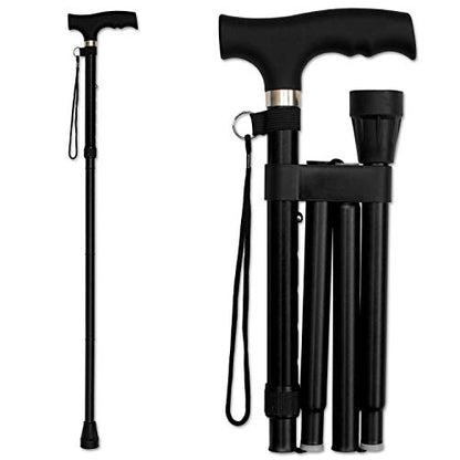 RMS Folding Cane, Adjustable, Lightweight Offset Walking Cane | Aluminum Collapsible Walking Stick with Ergonomic Derby Handle, cane folds for travel and storage - color: Black