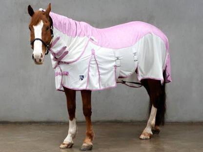 Mesh Horse Fly Sheet with Detachable Neck Cover | Dual-Zone UV Protection & Breathable Design | Elastic Webbing Belly Wrap & Leg Straps | Pink, 81 Inch - color: Ice Cream Pink, size: 81