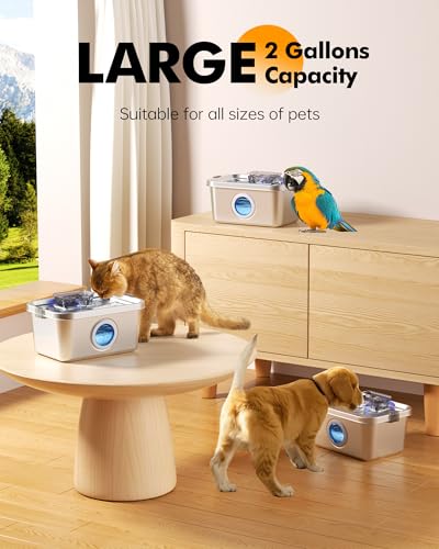 PETIMI Dog Water Fountain, 2 Gallon 304 Stainless Steel Large Pet Water Fountain for Dogs & Cats, Ultra Quiet Indoor Pet Fountain, Safety Lock, 3 Replacement Filters Included, Smart Pump Protection